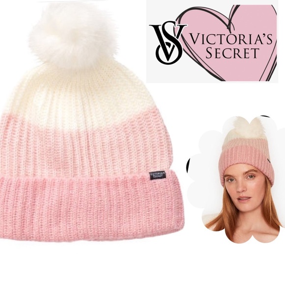 Victoria's Secret Accessories - VICTORIA'S SECRET Pink White Beanie Pom Pom Winter Hat